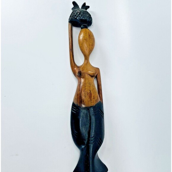 Caribbean African Folk Art Carved Wooden Woman Carrying Basket On Head VTG 20in - Picture 1 of 10
